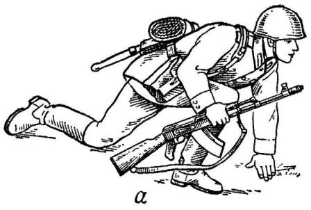 Рис. 56. Порядок принятия положения для стрельбы лежа из автомата: