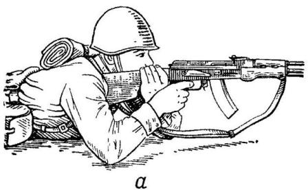 Рис. 70. Удержание пулемета при стрельбе лежа и из окопа стоя или с колена: