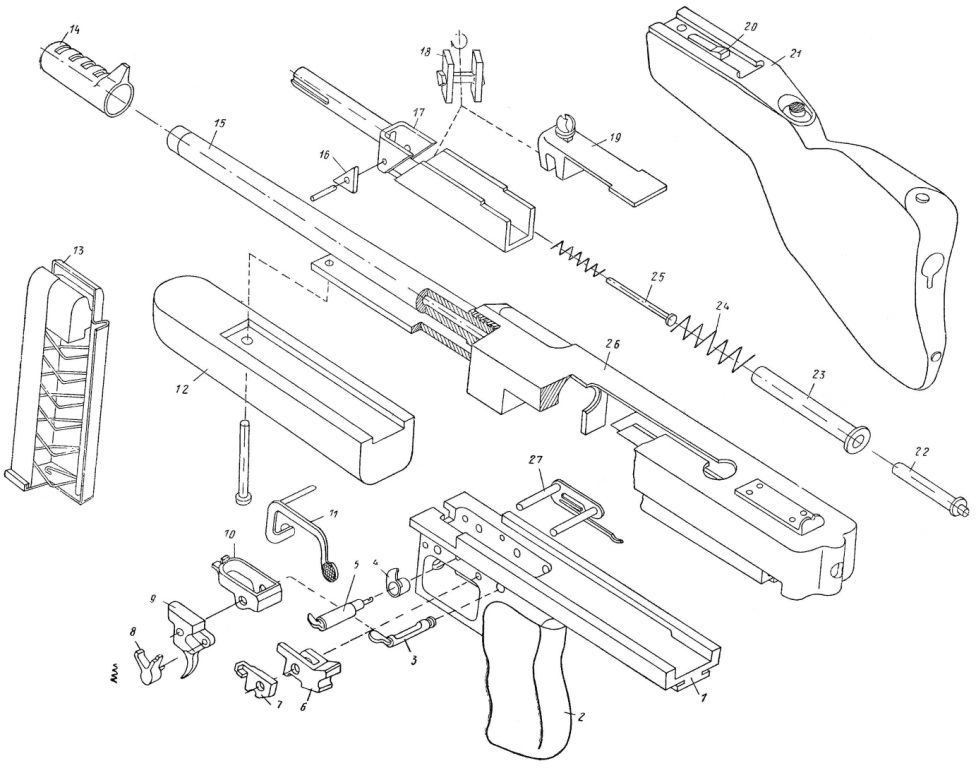 Рис. III.8. Детали и сборки пистолета-пулемета Томпсона: