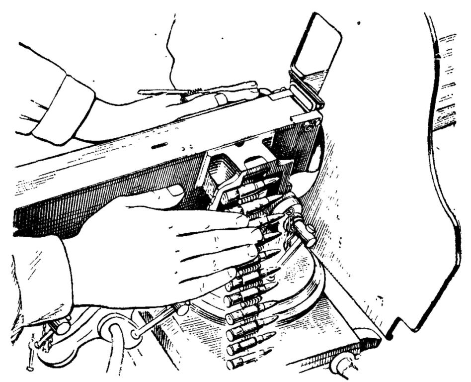 Рис. 56. Заряжание пулемета. Как подать рукоятку вперед и продернуть ленту влево