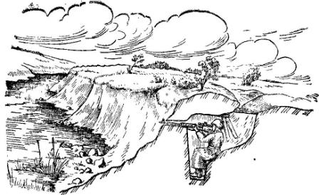 Рис. 37. Оборудование снайперской позиции на берегу реки и маскировка ее под бугор
