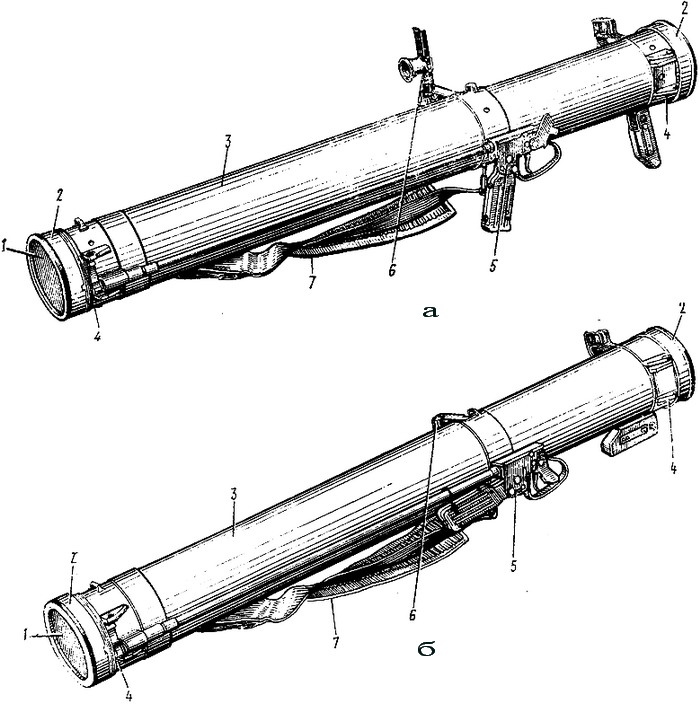 Рис. 1. 93-мм реактивный пехотный огнемет РПО-А в боевом (а) и походном (б) положениях: